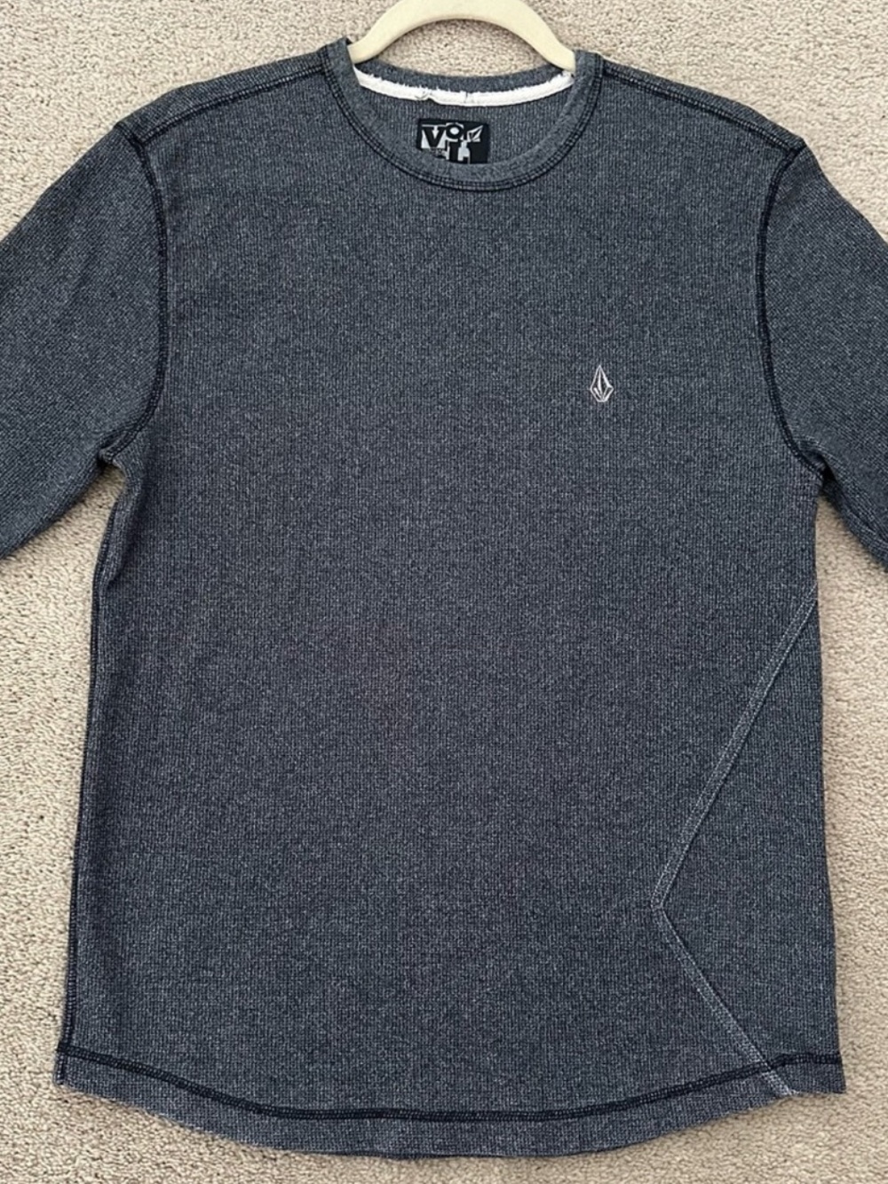 Volcom Charcoal Grey Long Sleeve Thermal Shirt - Y2K Waffle Knit Base Layer Tee